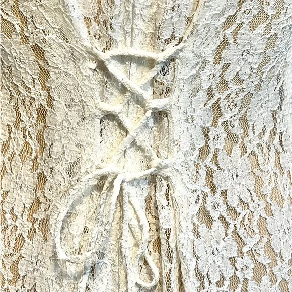 VINTAGE 80s lace corset tie back midi dress formal floral embroidery nylon white - Picture 6 of 11